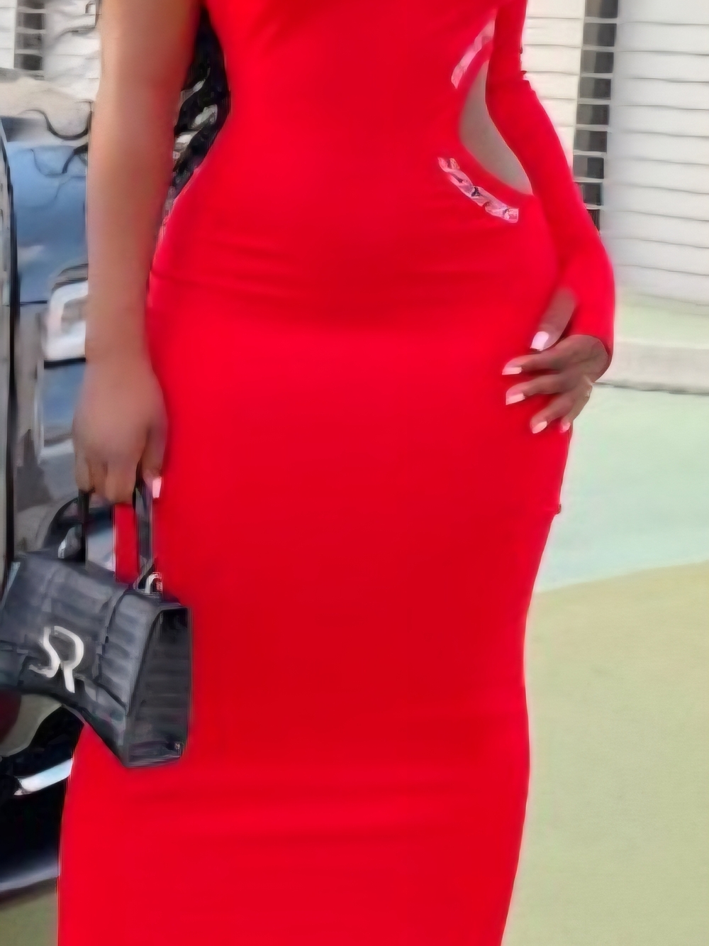 Red One-Shoulder Cutout Midi Dress‎ by